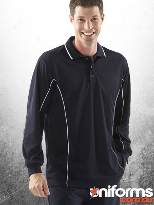 a MALE MODEL SHOWCASING THE the JB's Podium Piping Long Sleeve Polo 7PIPL in Black White.