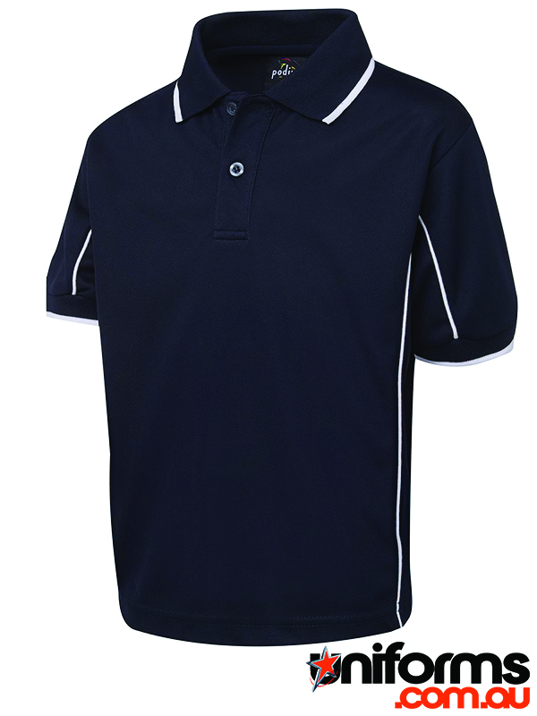 Showcasing the JB's Kids Podium Piping Polo 7PIPS in Navy White.                                                                                                                                                                                          