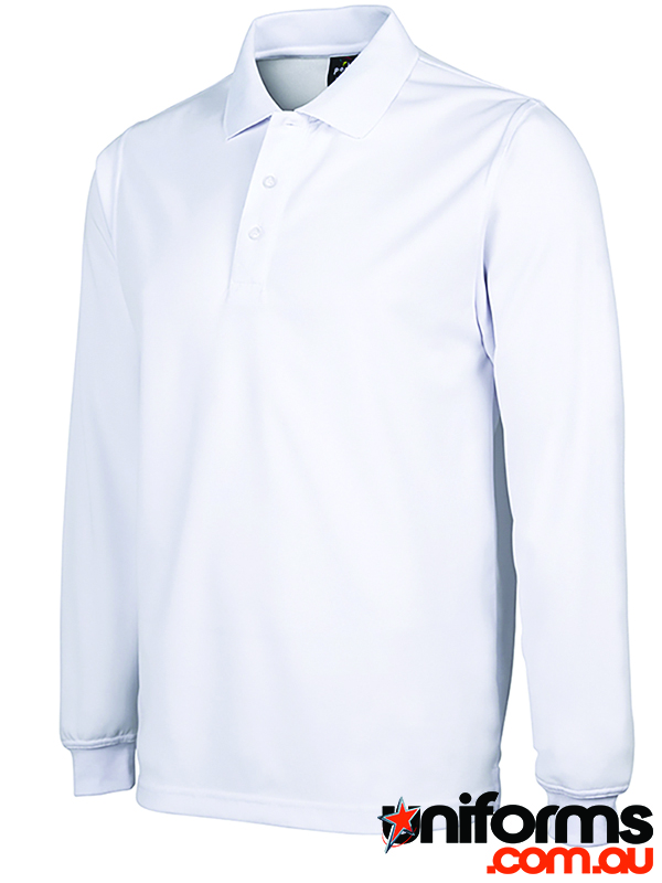 Showcasing the JB's Podium Adults L/S Poly Polo 7SPL in White.