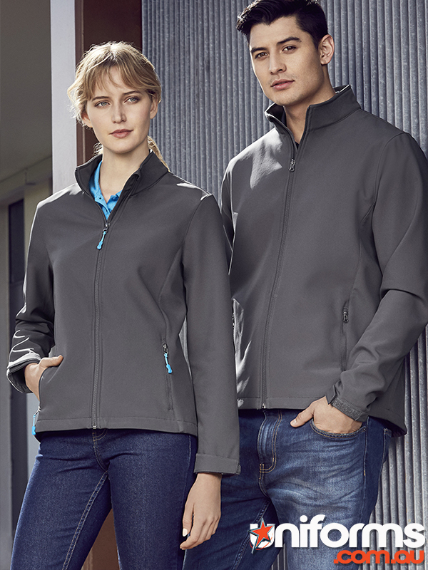 A man and woman dressed in jackets and jeans, featuring the stylish Biz Collection Men's Apex Jacket J740M.