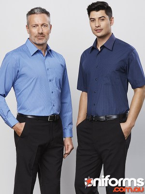 Male wearing a Mid Blue Long Sleeve Micro Check Shirt & one wearing a Navy Short Sleeve suitable for a range of uniforms.